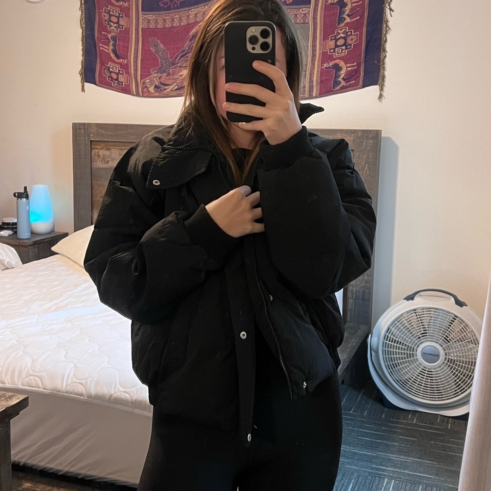 Free People Black Puffer Bomber Jacket